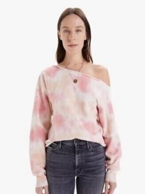 MOTHER Landslide One Shoulder Crop Sweatshirt Pink Peach Tie Dye Raw Hem M